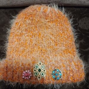 Light Orange Fuzzy Knitted Beanie Toboggan With Rhinestone Accents